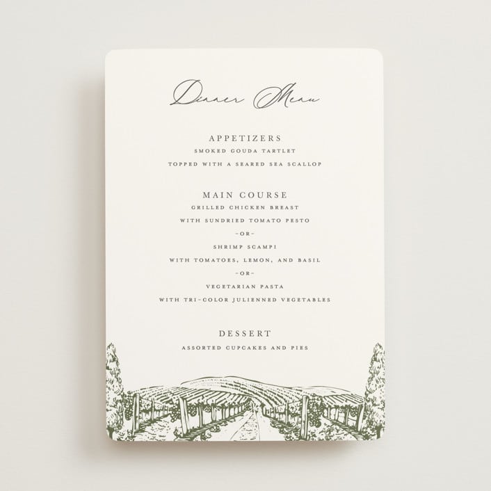 "Vineyard" - Menus in Olive by Sarah Brown - Front