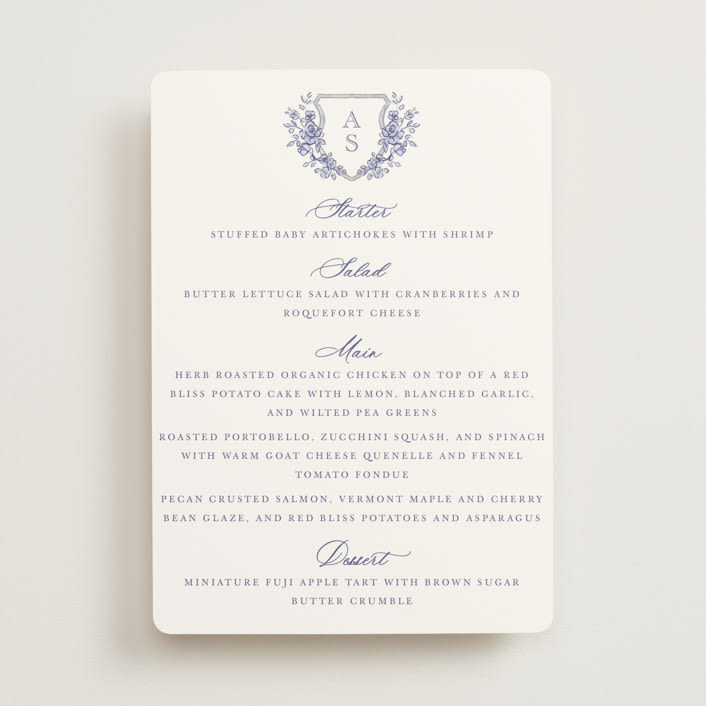 "watercolor flowers crest" - Menus in Dusty Blue by Cass Loh - Front