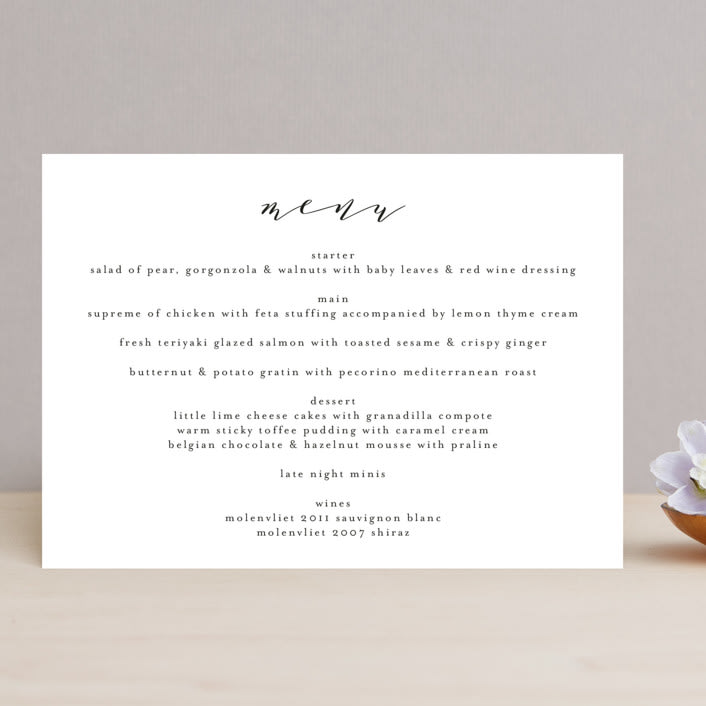 "Simple Elegance" - Menus in Tuxedo by Phrosné Barwood - Front