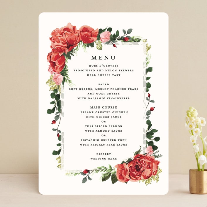 "Peonies Forever" - Menus in Coral by Susan Moyal - Front