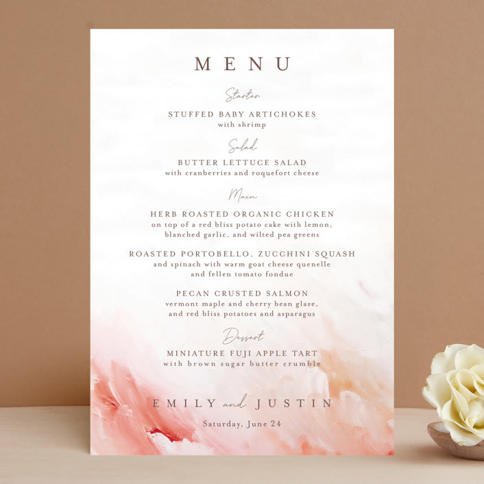 "Delicate brushstrokes" - Menus in Blush by Lucrecia Caporale - Front