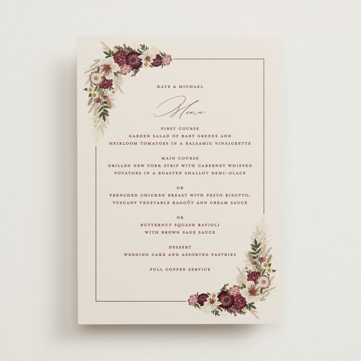 "Dried Floral Wreath" - Menus in Cabernet by Erin Deegan - Front