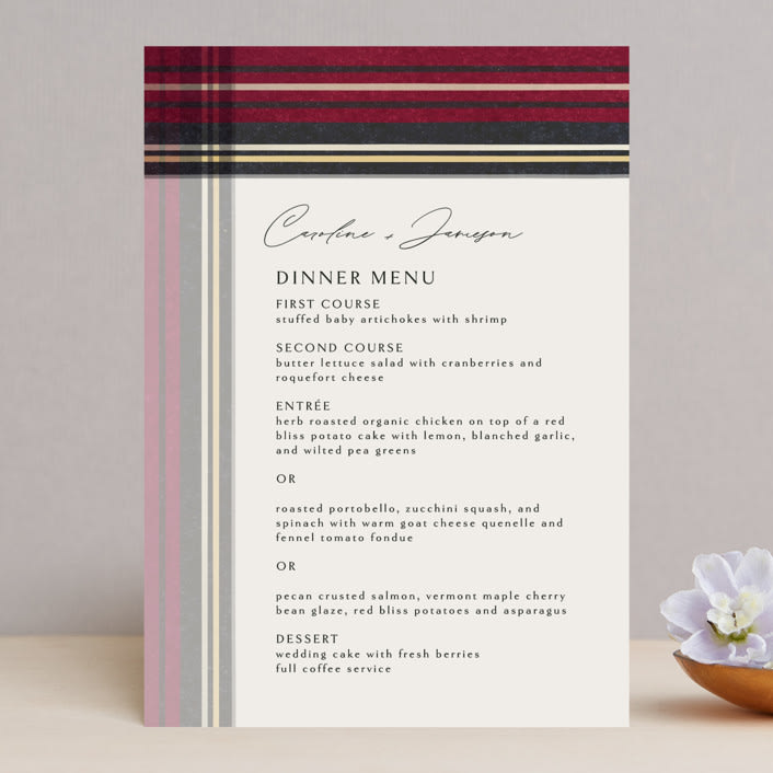 "Holiday Tartan" - Menus in Cranberry by Erin Deegan - Front