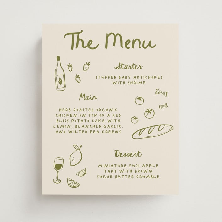 "Playful Doodles" - Menu Signs in Olive by Carmia Jordaan - Front