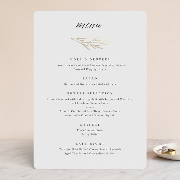 "Gilded Leaves" - Foil-Pressed Menus in Classic White by Kelly Schmidt - Front
