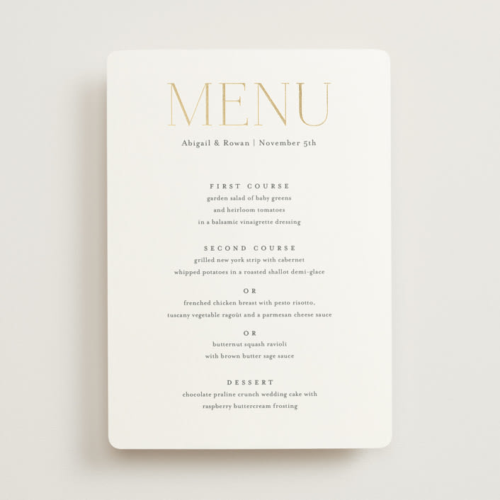 "Initialed" - Foil-Pressed Menus in Chantilly by Jessica Williams - Front