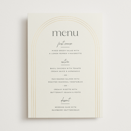 "Curves" - Foil-Pressed Menus in Chiffon by Amy Payne - Front