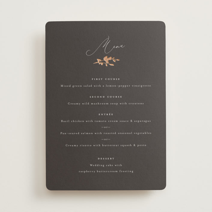 "Bliss" - Foil-Pressed Menus in Cocoa by Leah Bisch - Front