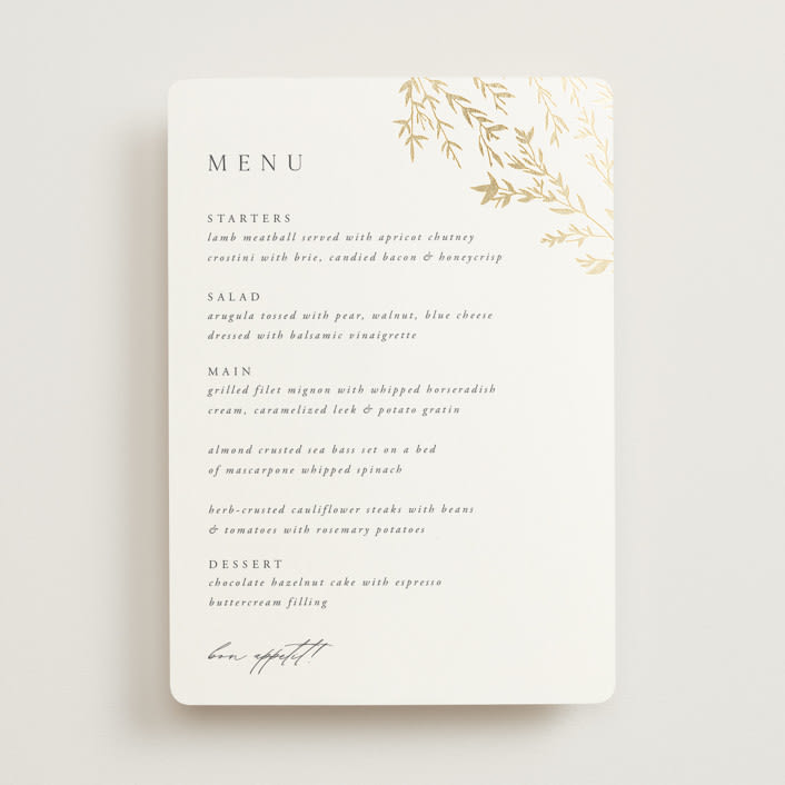 "Swoon" - Foil-Pressed Menus in Cotton by Carolyn Nicks - Front