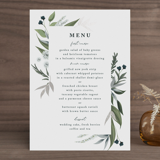 "Soft Greenery" - Foil-Pressed Menus in Twilight by Susan Moyal - Front