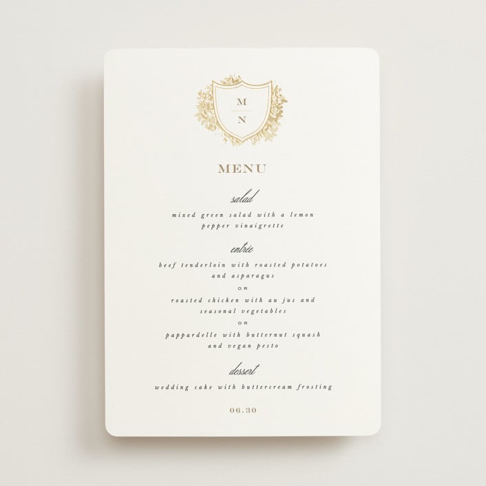 "Heritage" - Foil-Pressed Menus in Honeysuckle by Leah Bisch - Front
