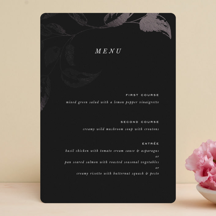 "Halcyon" - Foil-Pressed Menus in Tuxedo by Leah Bisch - Front