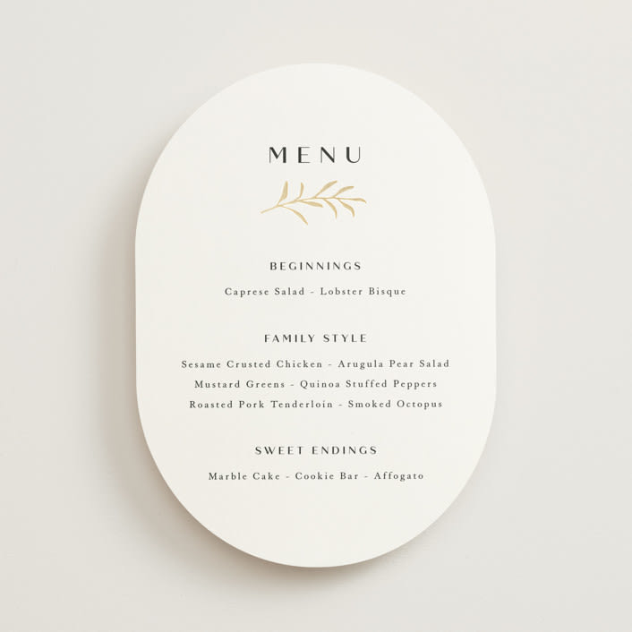 "Petite Sprig" - Foil-Pressed Menus in Black Dahlia by Olivia Raufman - Front