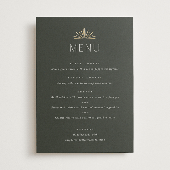 "Fringe" - Foil-Pressed Menus in Midnight by Leah Bisch - Front