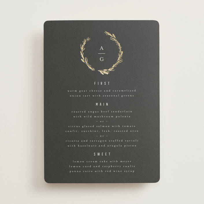 "Panache" - Foil-Pressed Menus in Onyx by Kristie Kern - Front