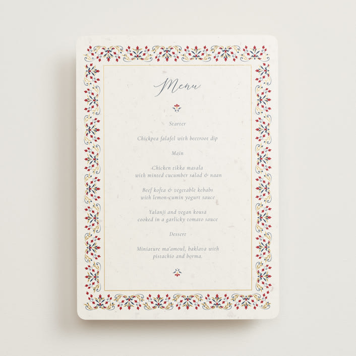 "Islamic Arch" - Foil-Pressed Menus in Scarlet by Sabrin Deirani - Front