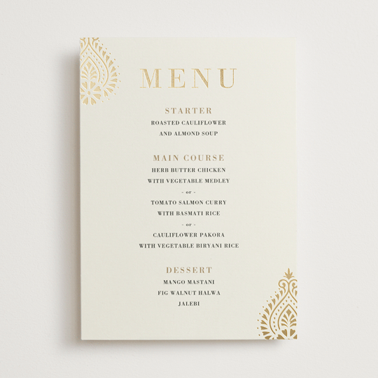 "Henna Stamp" - Foil-Pressed Menus in Champagne by Oma N. Ramkhelawan - Front