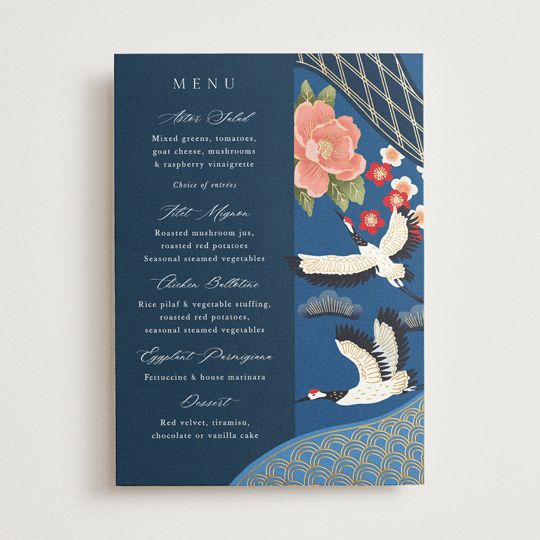 "kimono" - Foil-Pressed Menus in Ocean by Elly - Front