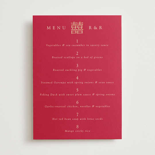 "Double Peony" - Foil-Pressed Menus in Ruby by Janean Hinger - Front