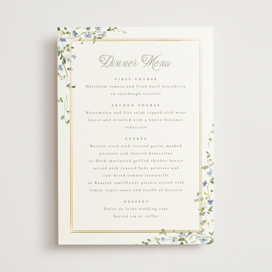 "Flowering Vine" - Foil-Pressed Menus in Bluebell by Everett Paper Goods - Front