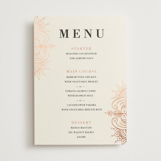 "Regal Mehndi" - Foil-Pressed Menus in Champagne Rose by Oma N. Ramkhelawan - Front
