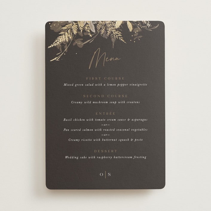 "Garden" - Foil-Pressed Menus in Mahogany by Leah Bisch - Front