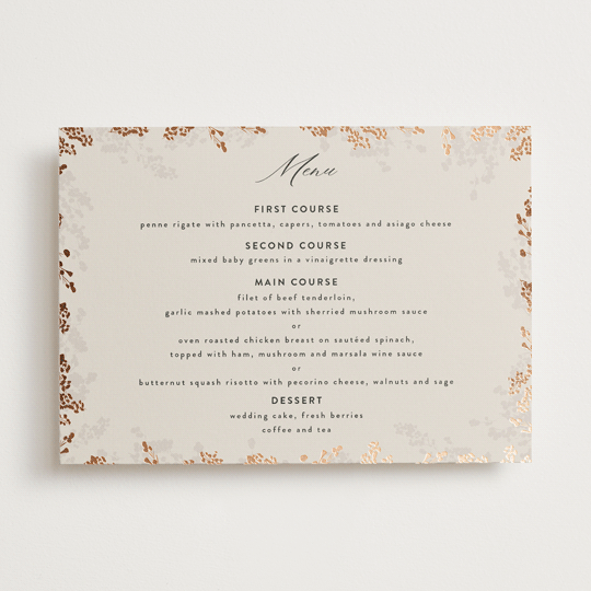 "Botanical Edge" - Foil-Pressed Menus in Latte by Susan Moyal - Front