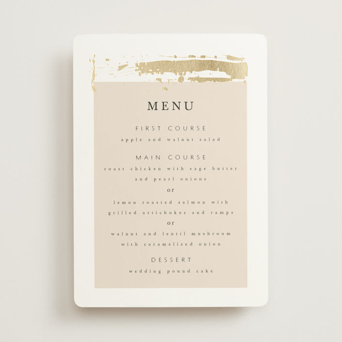 "Modern Serene" - Foil-Pressed Menus in Blush by Hannah Williams - Front