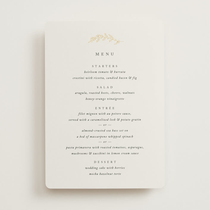 "To Hold" - Foil-Pressed Menus in Ivory by Carolyn Nicks - Front