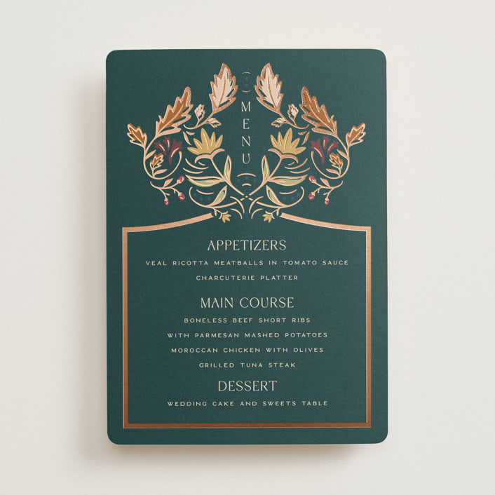 "Autumnal Arch" - Foil-Pressed Menus in Deep Sea by Erin German - Front
