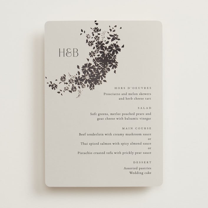 "Bouquet Toss" - Foil-Pressed Menus in Smoke by Robert and Stella - Front