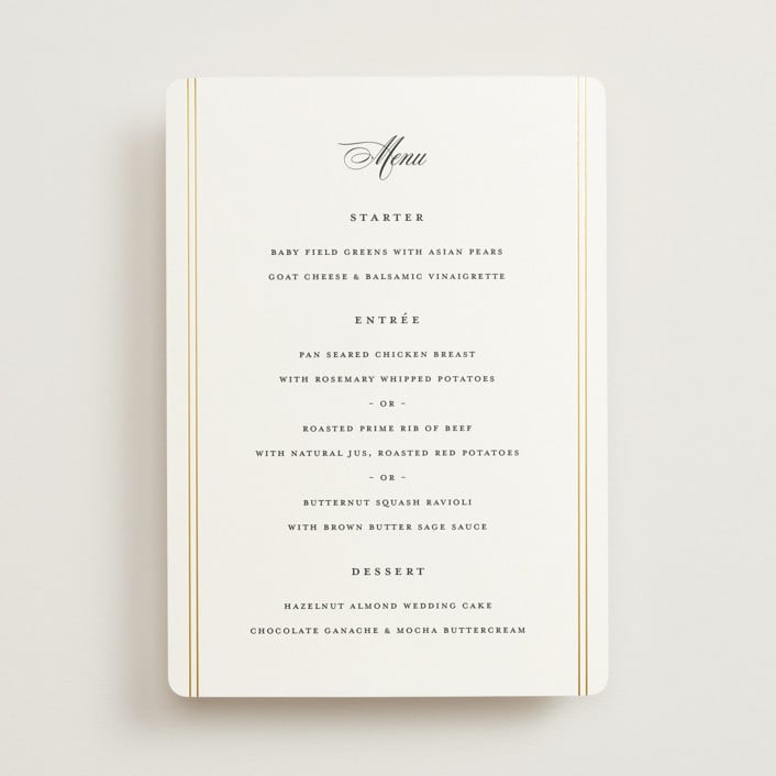 "Scripted Striped" - Foil-Pressed Menus in Silk by Carolyn MacLaren - Front