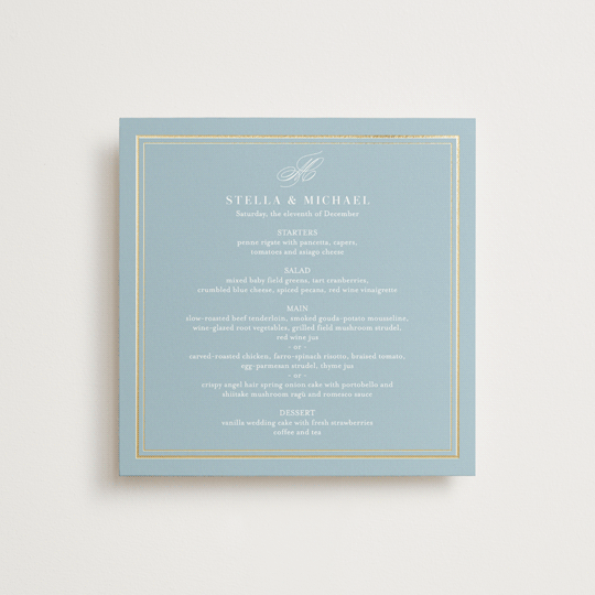 "Polished" - Foil-Pressed Menus in Powder Blue by Jennifer Postorino - Front