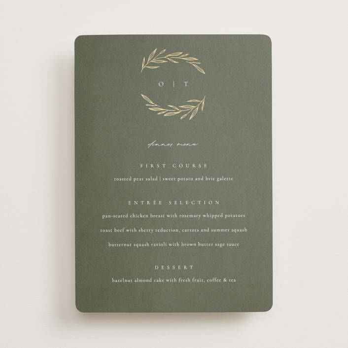 "Leaves" - Foil-Pressed Menus in Moss by Kelly Schmidt - Front