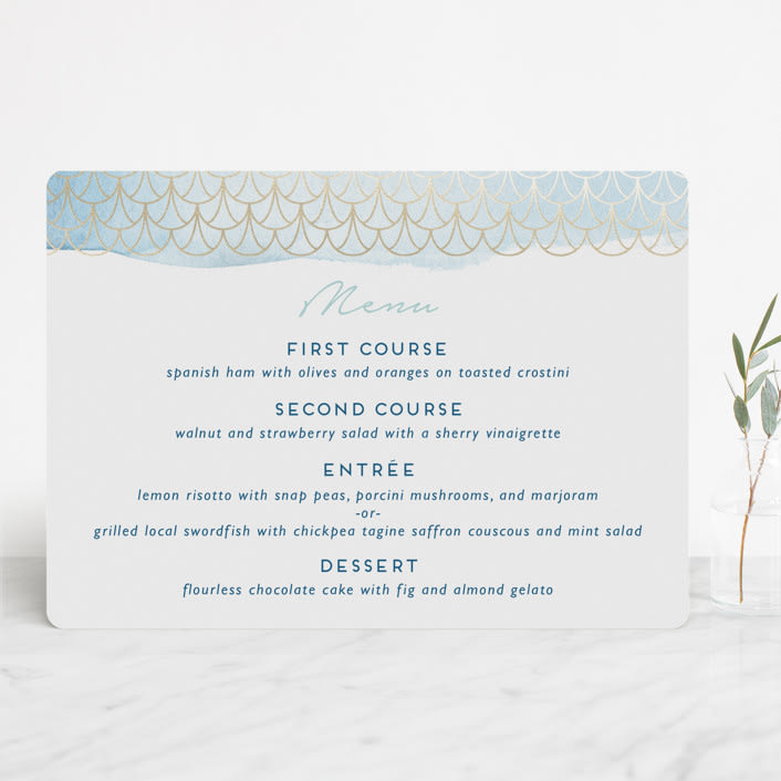 "Sea Crest" - Foil-Pressed Menus in Turquoise by Kaydi Bishop - Front
