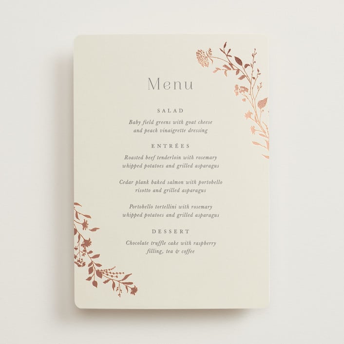 "Queen Anne's Lace" - Foil-Pressed Menus in Creme Brulee by Jennifer Wick - Front