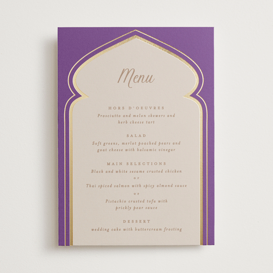"Whole New World from Disney's Aladdin" - Foil-Pressed Menus in Aubergine by Creo Study - Front
