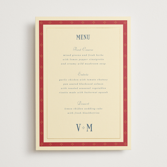 "Woven" - Foil-Pressed Menus in Navy by Baumbirdy - Front