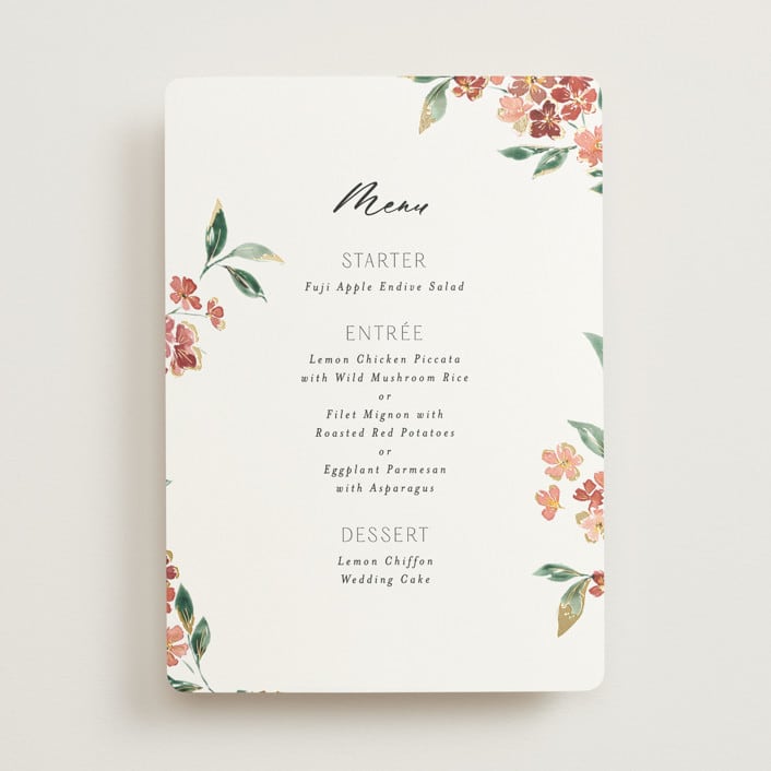 "Sweeping Vine" - Foil-Pressed Menus in Dusty Rose by Itsy Belle Studio - Front