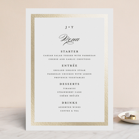 "Lasting love" - Foil-Pressed Menus in Gold by Stacey Meacham - Front