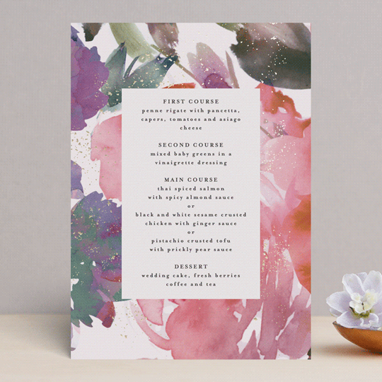 "Blossoms" - Foil-Pressed Menus in Blush by Lori Wemple - Front