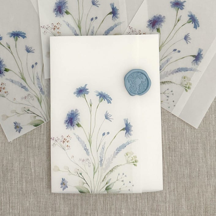 "Blue wildflowers vellum wrap for A7 (5"x7") invitations | Set of 10" - Invitation Jackets and Overlays in blue by Maria Ferrer G.