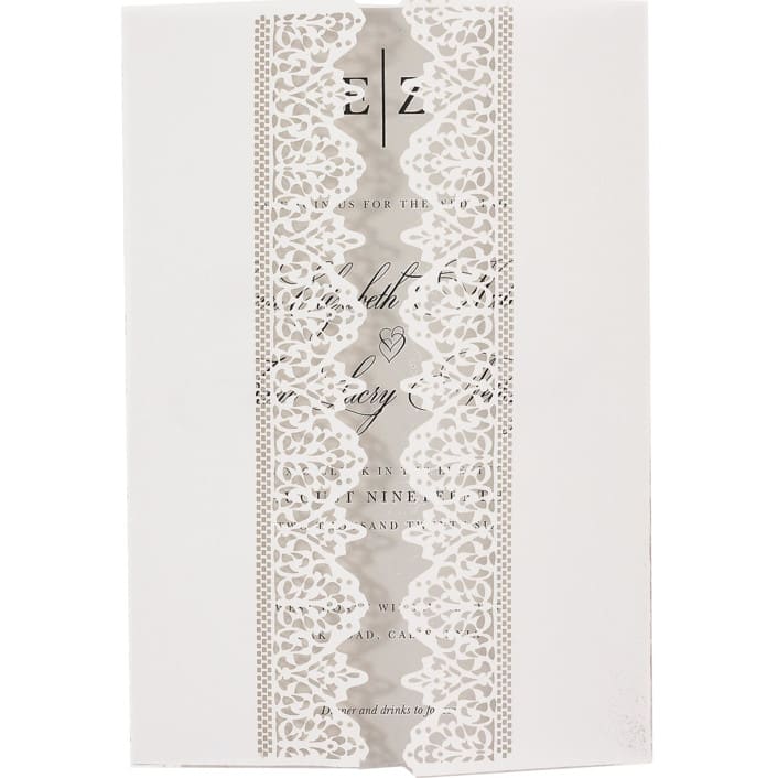 "Laser cut lace vellum jacket, Set of 10" - Invitation Jackets and Overlays in white by Self Stationery