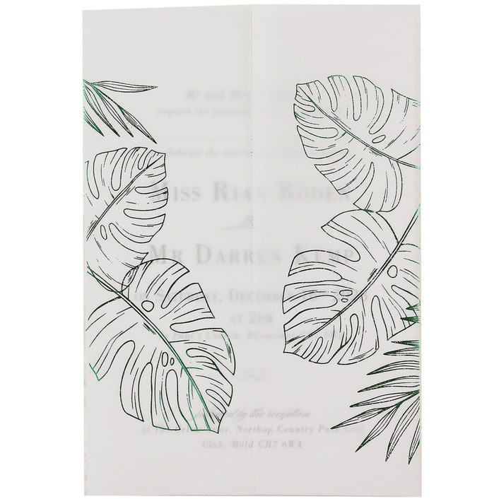 "Green Foil, Tropical Real Greenery Vellum Wraps for 5x7 Card, Set of 10" - Invitation Jackets and Overlays in green by Self Stationery