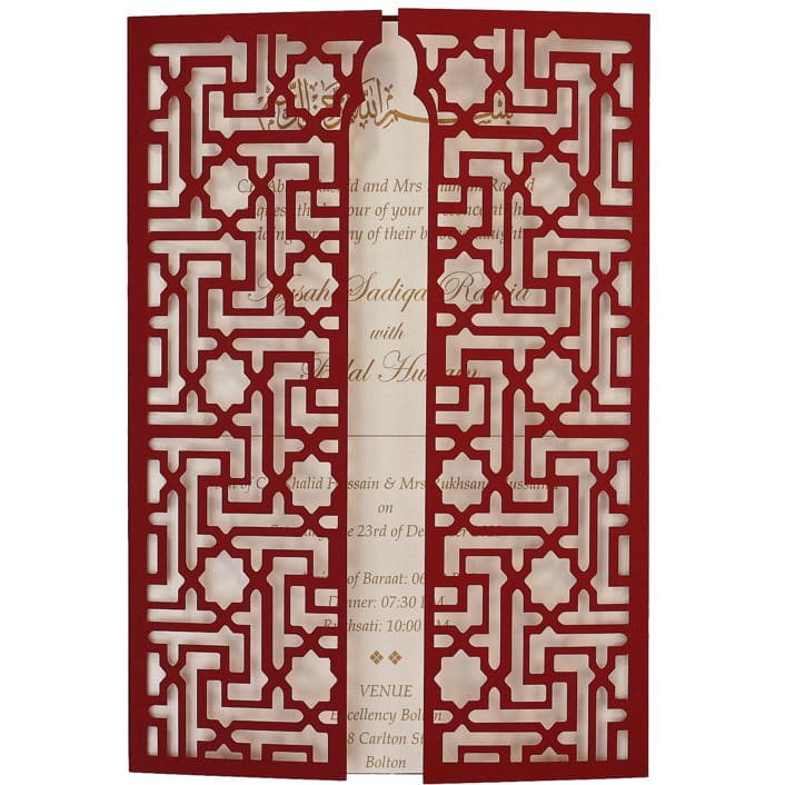 "Laser Cut Gatefold Cover for 5x7 Asian Invitation  | Set of 10 | Envelopes Included" - Invitation Jackets and Overlays in red by Self Stationery