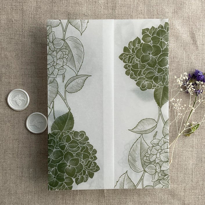 "Moss Hydrangea floral printed vellum wrap for 5x7 card | pack of 10" - Invitation Jackets and Overlays in green by Ivory Invitations