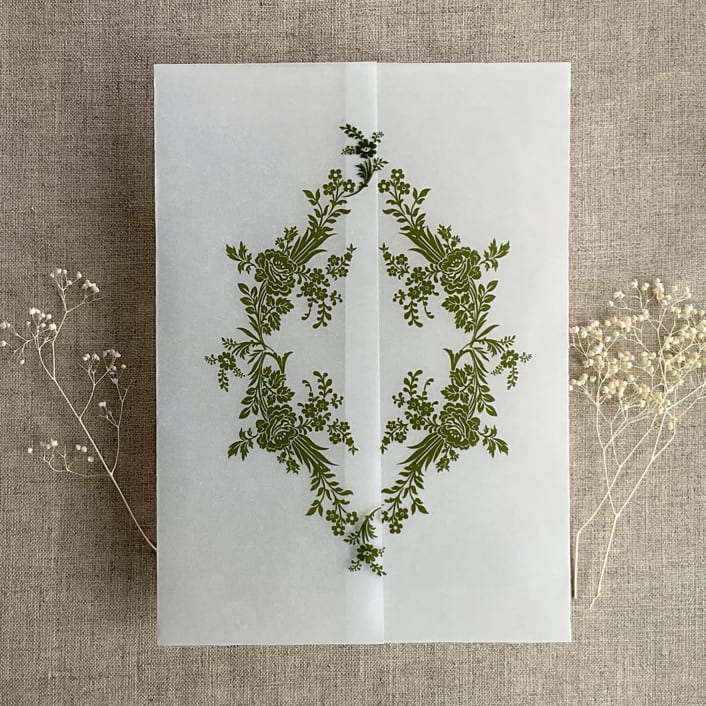 "Moss print French floral crest vellum wrap for 5x7 card | pack of 10" - Invitation Jackets and Overlays in green by Ivory Invitations