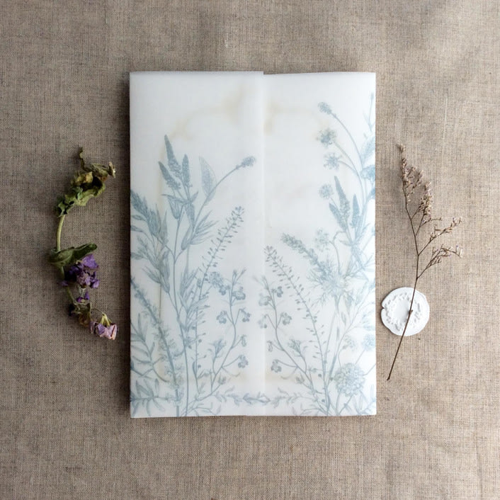 "Steel blue English botanical garden floral vellum wrap for 5x7 card | pack of 10" - Invitation Jackets and Overlays in blue by Ivory Invitations