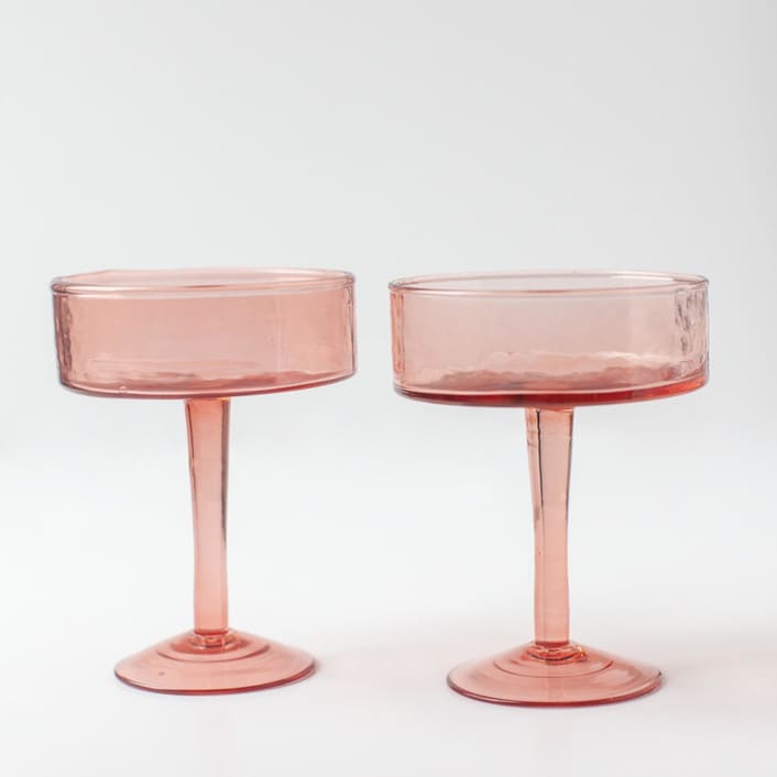 "Handblown Hammered Coupe Cocktail Glasses - Blush - Set of 4" - Glassware in pink by Powered By People
