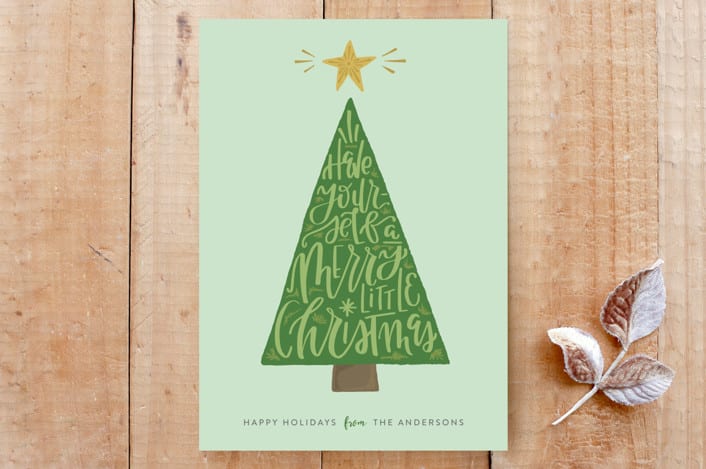 "Handlettered Holiday Tree" - Stationery in Mint by Olivia Goree - Front